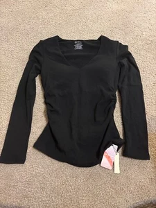 OGL Black Mid Thermal V Neck Ruched Side Long Sleeve Brami Top Women S - Picture 1 of 3