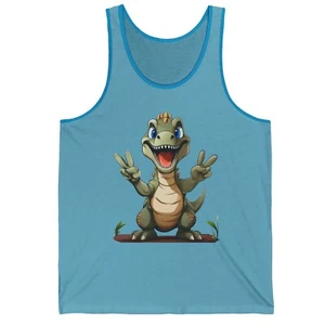 Funny Dinosaur Graphic Peace Sign Tank Top, Cute T-Rex Dinosaur Dino Mens Womens - Picture 1 of 27