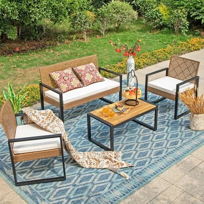 4 Pcs Outdoor Wicker Patio Furniture Set Rattan Sectional Conversation Sofa Set - Image 1 of 4