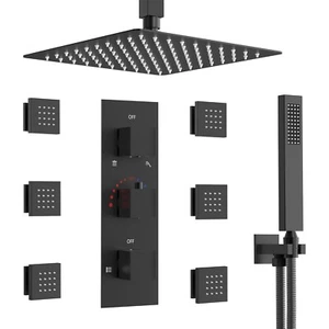 Thermostatic 8" Full Body Shower System with 6pcs Massage Body Jets Matte Black - Picture 1 of 12