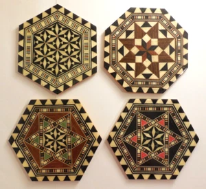 Set 4 sottobicchieri esagonali motivo geometrico legno parquet Spagna - Foto 1 di 5