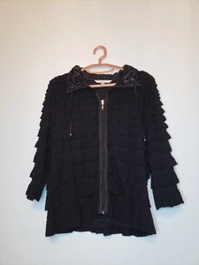 Erin London Women Sz L Blouse 3/4 Sleeve Full Zip Ruffled Black Drawstring Neck - Picture 1 of 6