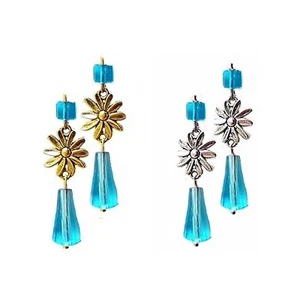 Earrings Aqua Blue crystal and flower charm long drop, choose fittings - Picture 1 of 4
