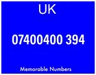 07400400 394 Memorable GOLD PLATINUM VIP MOBILE NUMBER Pay as You Go SIM CARD