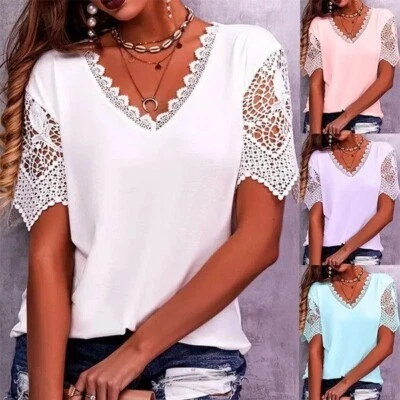 Ladies Plus Size Summer Short Sleeve T Shirt Tops Womens Plain Lace Blouse Tee - Image 1 of 2