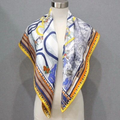 Equestrian Print 18 Momme Twill Silk Wrap Scarf Double Face Shawl 35" Yellow - Image 1 of 4