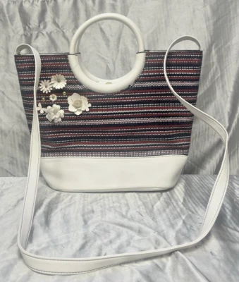 Liz Claiborne Harriet Tote - Red, White, & Blue Striped with 3D Flowers  - Image 1 of 4
