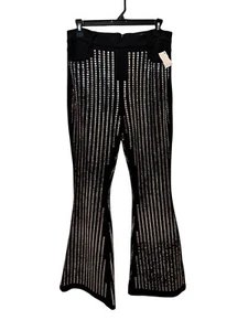 Akira Tamera Rhinestone Mesh Pants Size L Flare Legs Black Stretchy High Rise - Picture 1 of 12