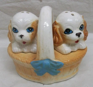 Vintage Puppy Dogs in Basket Salt & Pepper Shakers (Unused) 3-1/2" Tall, Ceramic - Picture 1 of 4