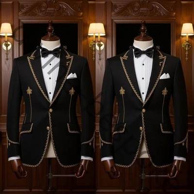 Trajes negros para hombre solapa pico apliques dorados formal boda novio esmoquin 2 piezas Foto 1 de 4