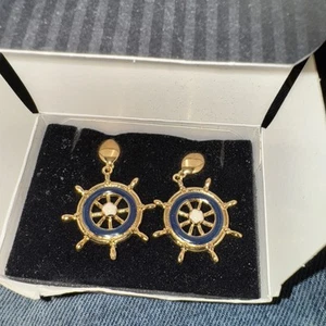 Ships Wheel Nautical Gold Tone & Enamel Blue White Center Earrings Original Box - Picture 1 of 3
