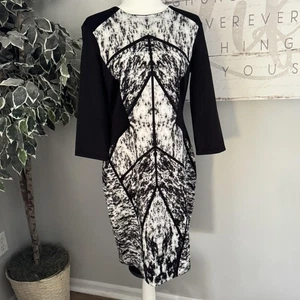 London Times Dress Womens 12 Black White Sheath 3/4 Sleeve Geometric Bodycon - Picture 1 of 7