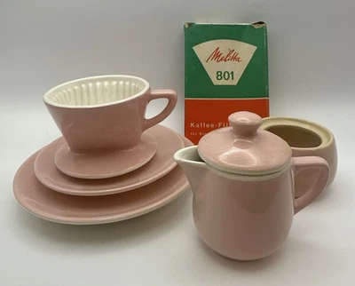 Vintage Melitta 801 Pink Coffee Maker, Saucer, Plate, Sugar Bowl Creamer Filters - Image 1 of 4