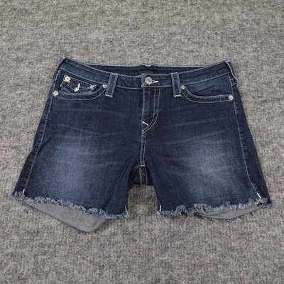 Pantalones Cortos True Religion Corte Medio Para Mujer 33 Denim Lavado Oscuro Dobladillo Crudo Adornado Foto 1 de 4