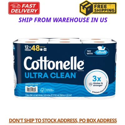 Cottonelle Ultra Clean Toilet Paper, Strong Toilet Tissue, 12 Mega Rolls