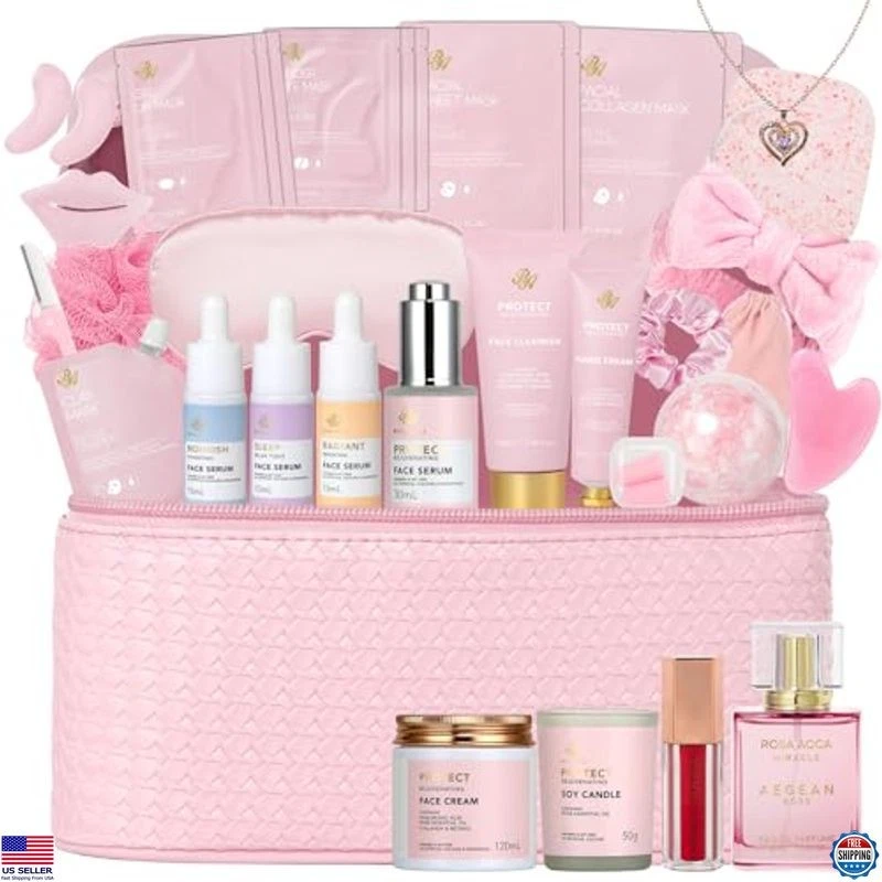 Juego de Cuidado Facial Rosa, 33 Piezas Cesta Spa, Sábanas Máscaras, Bombas de Baño, Kit de Belleza Foto 1 de 4