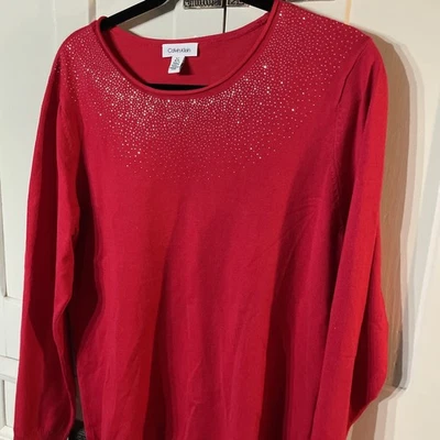 Suéter de festa feminino Calvin Klein vermelho manga longa cintilante tamanho G - Imagem 1 de 4