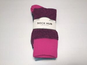 Sock Hub Ladies Boot Socks 2 Pairs Size 9-11 Poly Cotton Other Fibers Pink/Teal