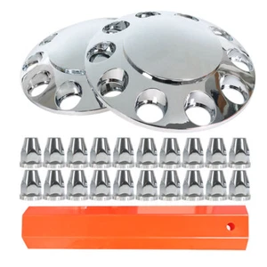 Set of 2 Chrome Front Axle Wheel Cover with Hub Cap 33mm Lug Nuts for Semi Truck - Picture 1 of 24