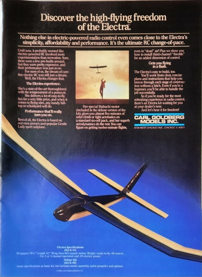 Electra Sailplane Print Ad Carl Goldberg Ephemera Wall Art Decor KIT K-41 - Image 1 of 1