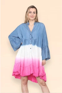 New Women Casual Oversized Denim Blue Tie Dyed Tiered Midi Summer Dress. UK8-20 - Picture 1 of 12