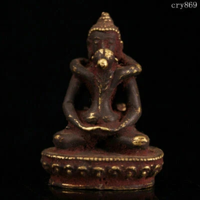 Antiguo Tíbet antiguo blanco cobre hecho a mano con incrustaciones de gemas cinabrio Buda feliz Foto 1 de 4