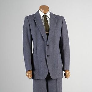40R Vintage Mens 1970s 70s Pierre Cardin Blue Fleck Tweed Suit 2pc Designer