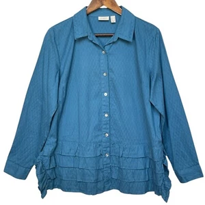 Blusa Top Mujer Logo Talla S Azul Texturizado Botón Volantes Frontales 100% Algodón - Imagen 1 de 12