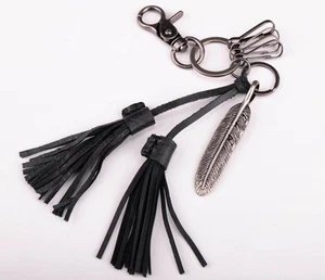 C46 Black Rock Punk Cool Alloy Feather & Leather Lace Key Ring Keychain Men's - Picture 1 of 9
