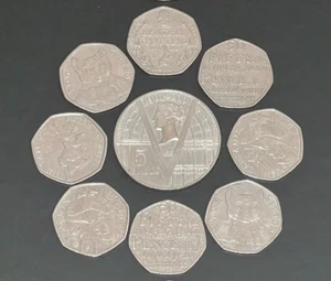 Coins 9 RARE British COLLECTABLES - £5 (2001)  50p Beatrix Potter/Samuel Johnson - Picture 1 of 13
