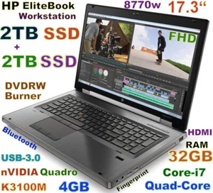 Workstation HP 8770w 17.3" i7-Quad (2TB + 2TB) SSD DVDRW 32GB Quadro K3100M 4GB - Picture 1 of 12