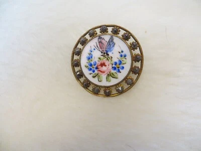 ANTIQUE ENAMEL BUTTERFLY BUTTON  CUT STEEL BORDER & OPEN WORK - Image 1 of 4