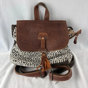 Myra Bag 100% Cotton Canvas Leather Backpack Woven Fold Over Tassel Fringe - Picture 1 of 10