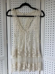 Umgee Lace Crochet Boho Ivory Cream Button Vest Women's Lg Racerback - Picture 1 of 7