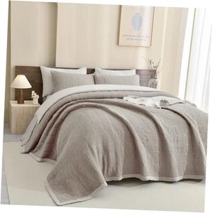 Oversized King Bedspread(120"x120"),100% Cotton Waffle Weave Quilt Set 3Pcs - Picture 1 of 7