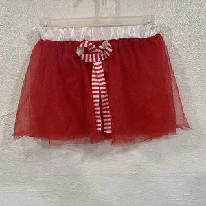 Red Tulle Tutu Skirt Adult Teen Child Christmas Dance Costume White Striped Bow - Picture 1 of 5