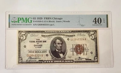 $5 1929 FRBN Chicago Fr#1850-G PMG Graded 40 Extremely Fine - Image 1 of 4