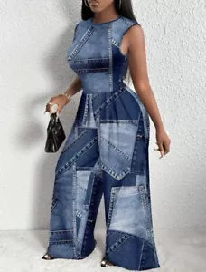 Damen Lange Hose Strampler Jeansoptik Fashion Statement Einteiler Übergröße - Bild 1 von 2