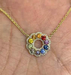 2ct Round Cut Lab-Created Rainbow Sapphire Necklace 14k Yellow gold Plated - Picture 1 of 15
