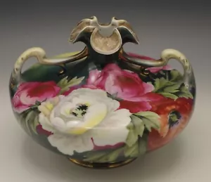 NIPPON ANTIKE GEDRUNGENE FUSSHENKELVASE PFINGSTROSEN MOHN VASE AHORNBLATT MARKE - Bild 1 von 11