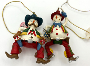 Vintage Western Cowboy Snowman Christmas Ornaments Lot of 2 Sheriff & Wrangler