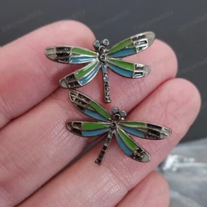 PENDIENTES ESMALTADOS LIBÉLULA estilo vintage negro verde azul tachuelas multiesmaltadas - Imagen 1 de 5