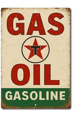 Texaco Gas Oil Sign Station Garage Auto Shop Retro Rustic Vintage Look Tin Sign - Image 1 of 4
