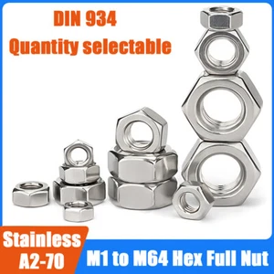 Hex Full Nut Hexagon Nuts Din 934 A2 Stainless Steel M1 M2 M3 M4 M5 M6 M8 - M64 - Picture 1 of 10