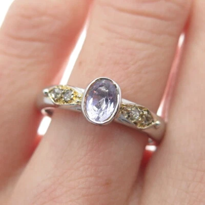 Anillo de plata de ley 925 de 2 tonos con diamantes de corte redondo real y topacio púrpura talla 8 Foto 1 de 4