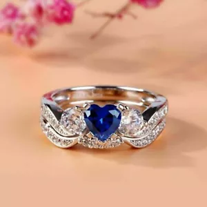 3Ct Heart Cut Simulated Sapphire Women's Bridal Ring Set 14K White Gold Plated - Picture 1 of 6