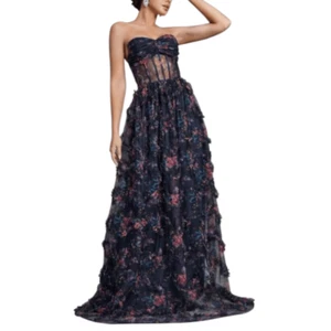 Faeriesty Navy Blue Floral Strapless Gown Size 2XL - Picture 1 of 10