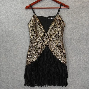Gold Sequin Fringe Party Dress XS Black Mini Sparkly Club Glam Art Deco BOOHOO - Picture 1 of 15