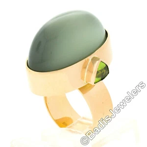 22K Gold Large GIA Oval Cabochon Bezel Cat's Eye Moonstone Trillion Peridot Ring - Picture 1 of 11