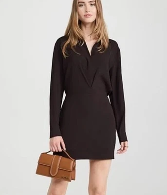 THEORY $495 Faux Wrap Shirt Mini Dress Rosina Crepe Long Sleeve Black Womens 4 - Image 1 of 4